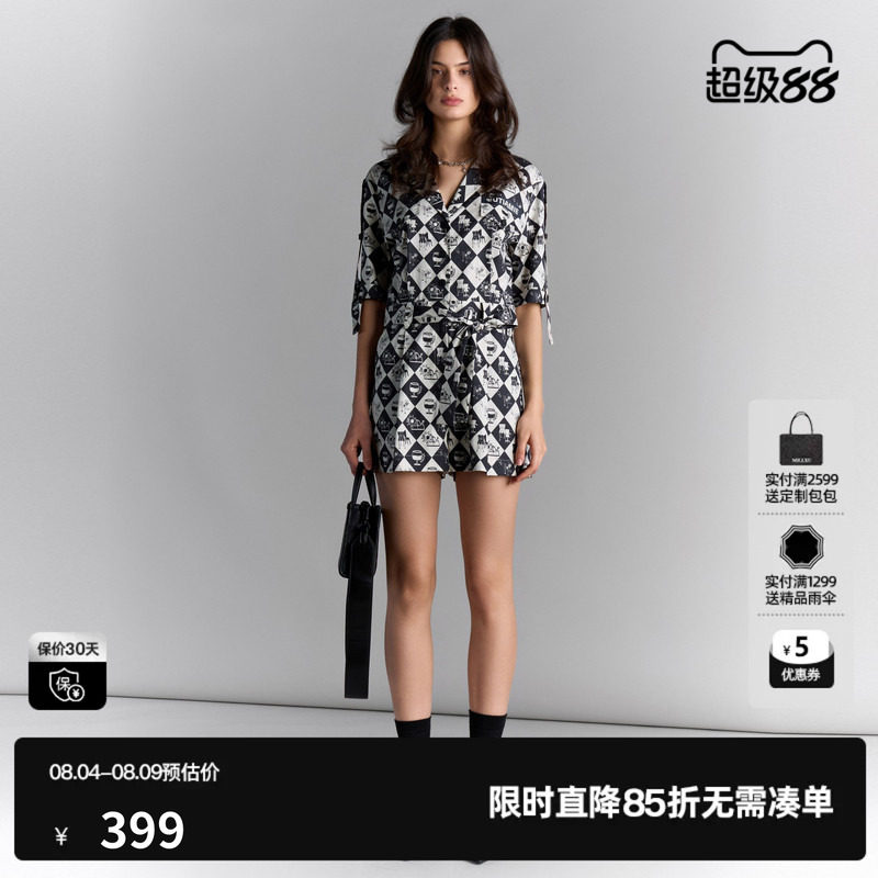 U/TI休闲短袖连体裤短裤女百搭气质黑白格休闲裤尤缇2025夏季新款