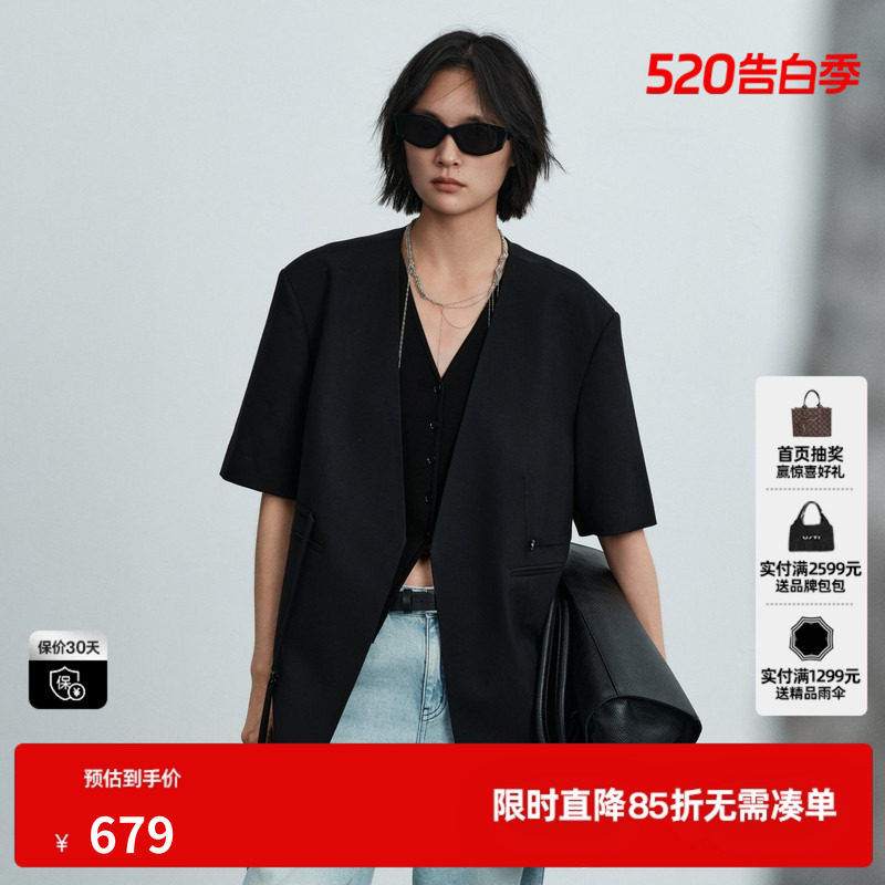 U/TI黑色羊毛混纺短袖西装女装V领廓形卡扣外套 尤缇2026夏季新款
