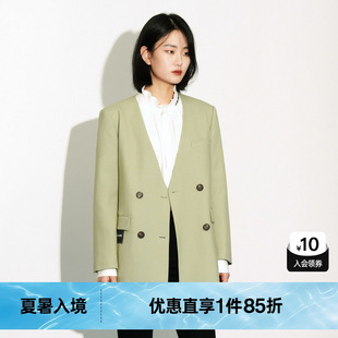 小V領(lǐng)外搭上衣尤緹2023秋季 TI淺綠色無(wú)領(lǐng)收腰款 西外套女裝 新款