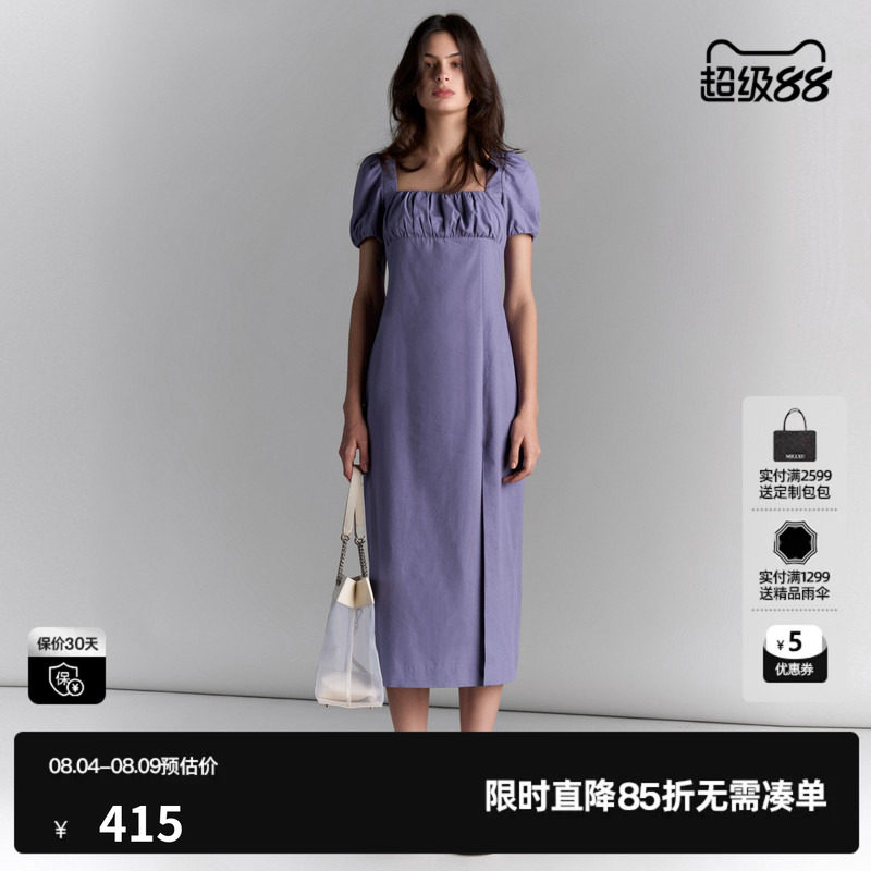 U/TI方领泡泡袖度假裙女百搭开衩棉感连衣裙长裙尤缇2025夏季新款