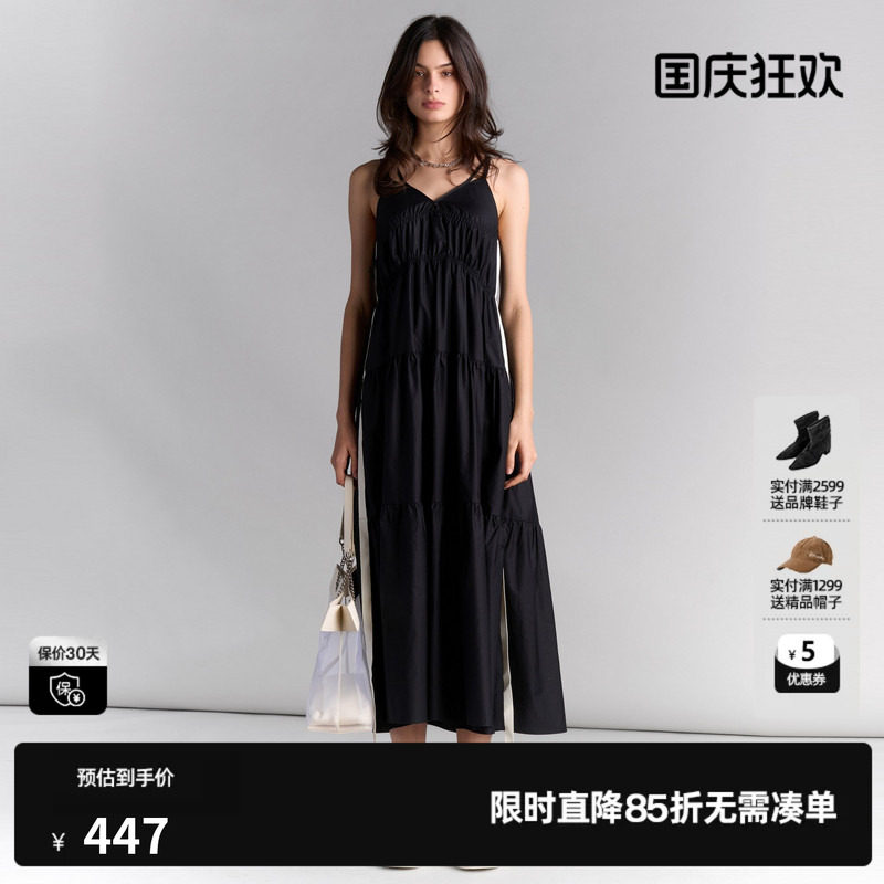 U/TI黑色100%棉吊带裙女装度假休闲背心裙连衣裙尤缇2025夏季新款