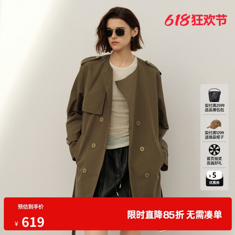 U/TI军绿色英伦风风衣女装棉感简约印花短款外套尤缇2025春季新款