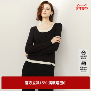 U/TI莱赛尔假两件长袖T恤女拼接修身低圆领打底尤缇2026春季新款