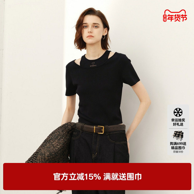 U/TI黑色圆领短袖针织衫女假两件修身显瘦打底衣尤缇2026春季新款