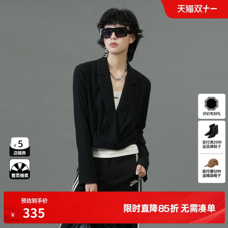 U/TI黑色设计感捏褶短款衬衫女醋纤通勤休闲上衣尤缇2025春季新款
