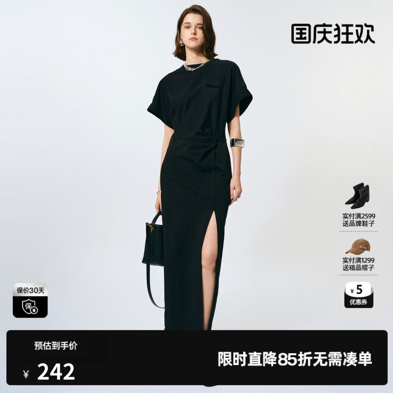 U/TI黑色开衩棉感连衣裙女 设计感褶皱T恤裙长裙尤缇2025春季新款