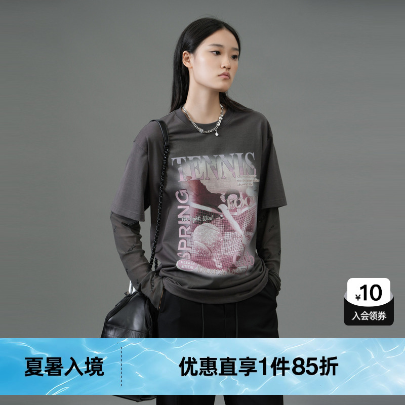 U/TI深灰色樱桃假两件T恤女 设计感拼接纯棉长袖尤缇2025春季新款