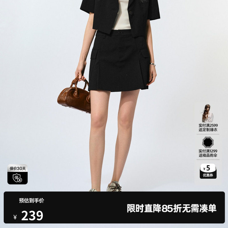 U/TI工装风短裙裤女 设计感百褶裙A字裙黑色短裙尤缇2025夏季新款