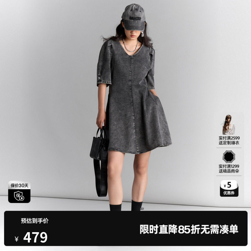 U/TI凉感泡泡袖棉质牛仔裙女装 棉感中袖薄A字裙尤缇2025夏季新款