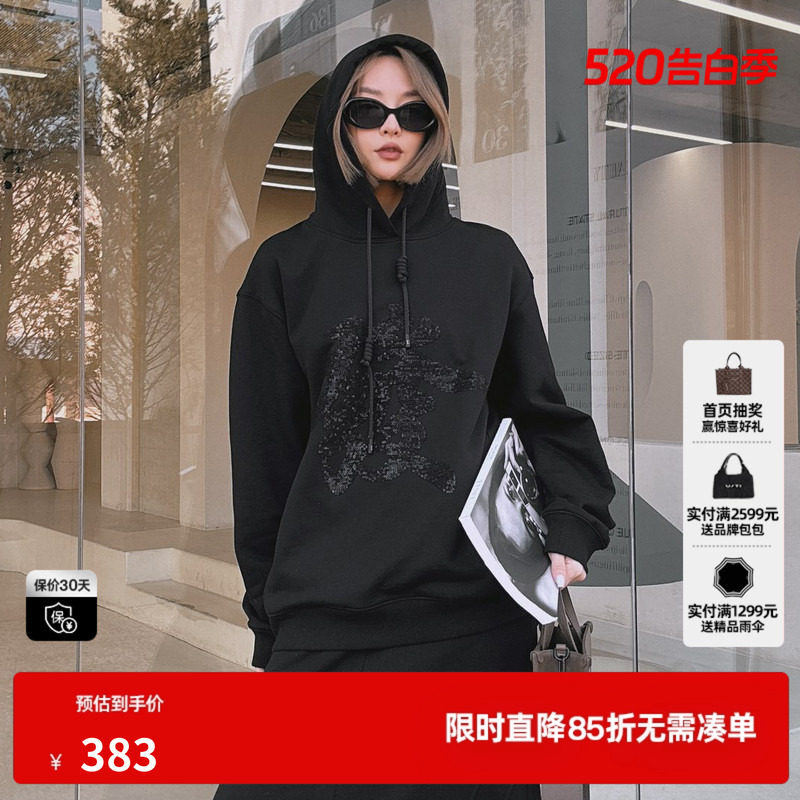 U/TI黑色发财纯棉连帽卫衣女装阔版休闲百搭上衣尤缇2025春季新款