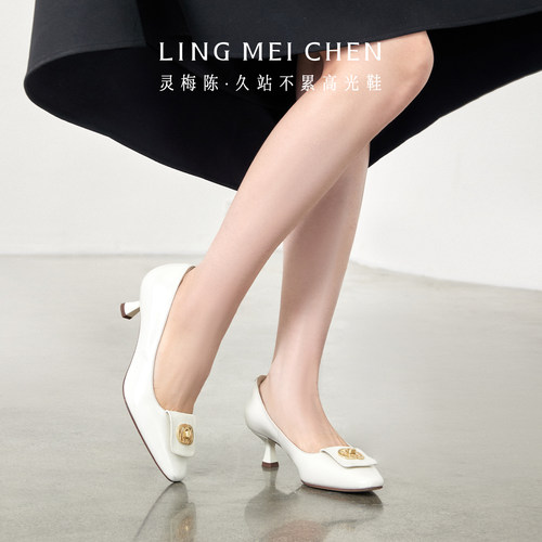 灵梅陈方头真皮单鞋中跟高跟鞋女