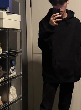 纯黑色带帽卫衣男春秋500g重磅内搭连帽F衫oversize慵懒风中山外