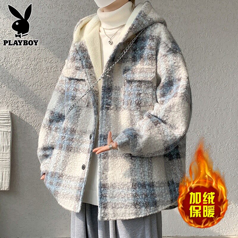 花花公子羊羔绒外套男士棉衣服秋冬季款青少年加厚保暖连帽夹克男