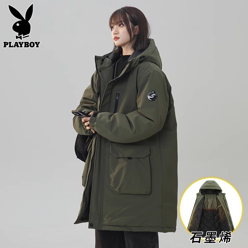 PLAYBOY花花公子连帽中长款加厚棉衣 保暖防皱军绿色工装风外套