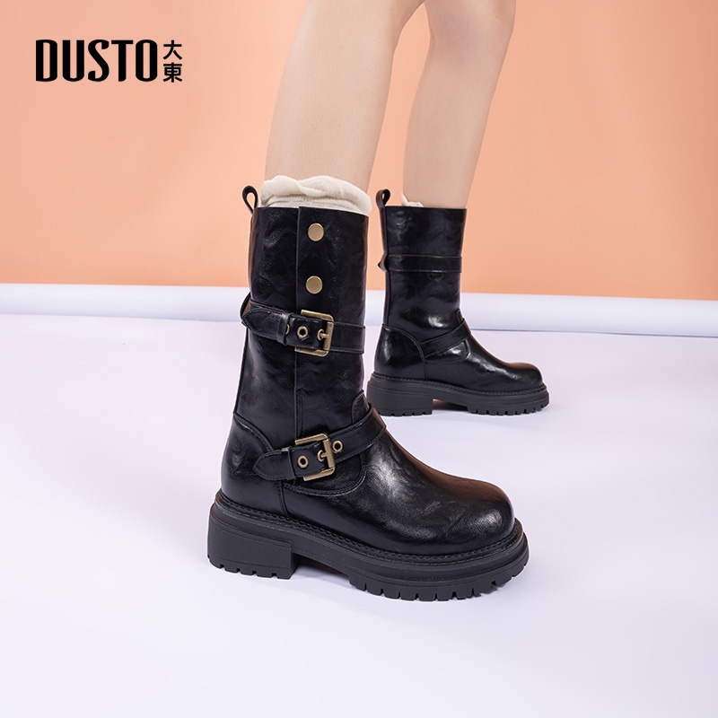 大东厚底短靴黑色加绒增高靴子