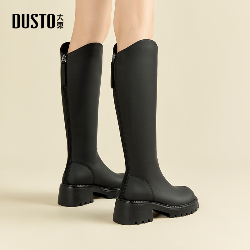 大东官方正品黑色粗跟厚底长筒靴