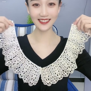 新款贝珠蕾丝假领韩版春夏镂空木棉丝百搭V领圆领旗袍装饰颈部