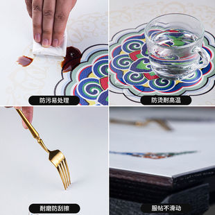 极速新中式圆桌桌布皮革餐桌垫防水防油防烫免洗R花团锦簇-黑直径