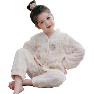新品秋冬季新款女童加绒加厚珊z瑚绒睡衣套装冬季宝宝甜美法兰绒