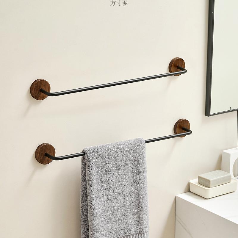 胡桃木卫生间毛巾架中古风免打孔单杆极简浴室毛巾浴巾挂杆置物架