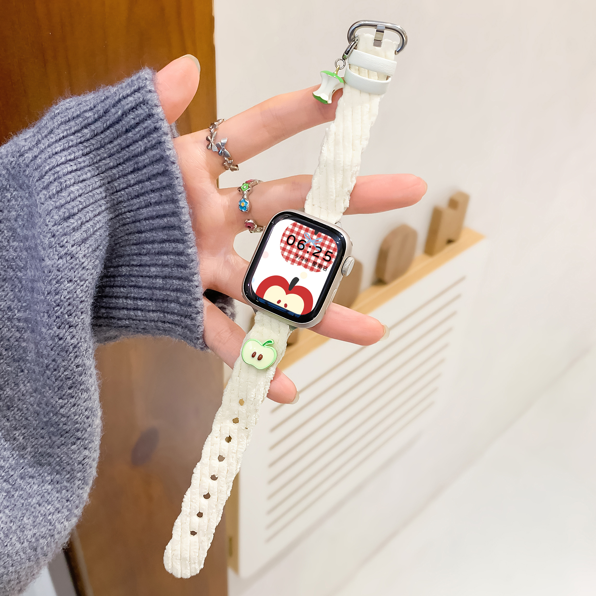 秋冬毛绒青苹果适用iwatch表带女