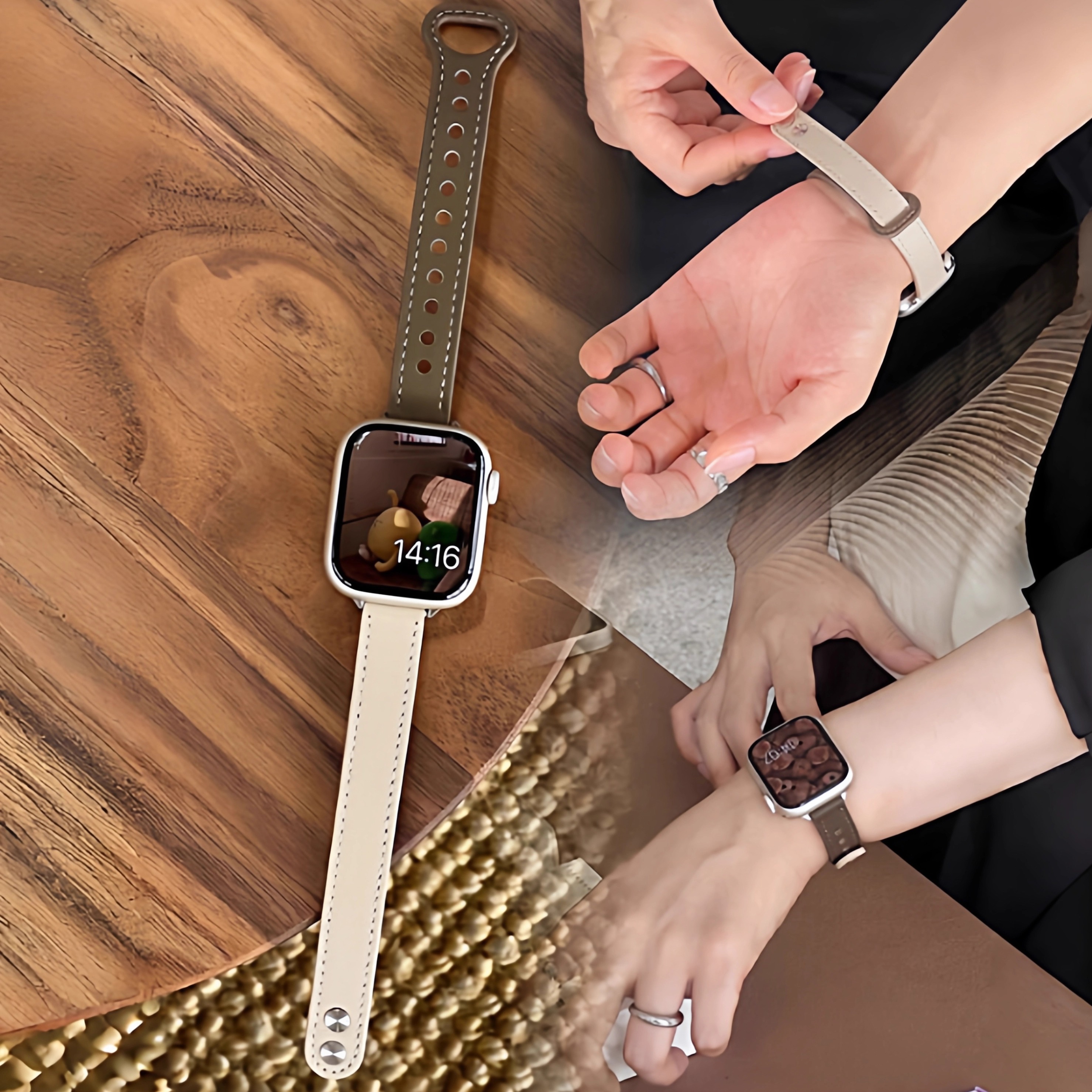 秋冬皮质适用苹果双钉扣拼色表带