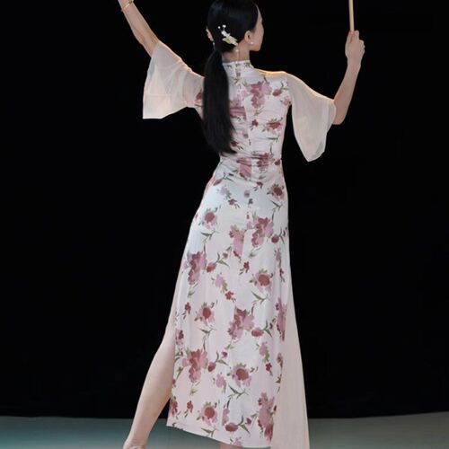 新品古典舞弹力旗袍身韵t练功服演出服装女伞舞中国舞蹈服夏辉人