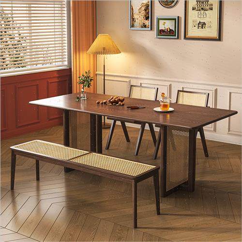 极速实木大板桌藤编餐桌原木餐桌椅组合美式乡村T家用饭桌子白蜡