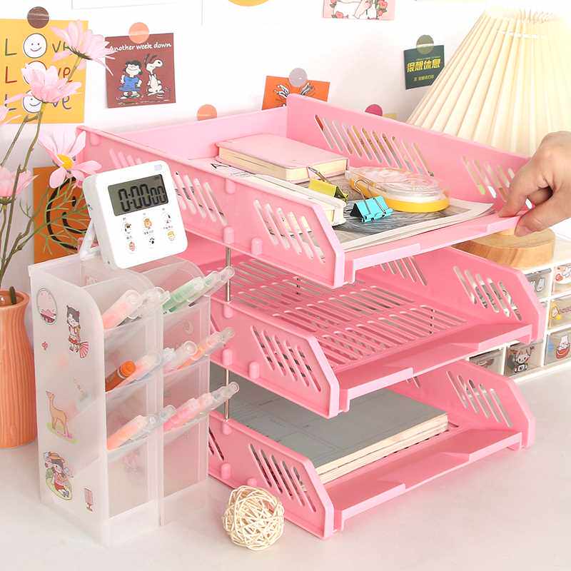 新品三层文件架塑料文件盘办公桌用品文件夹收纳盒横W式放资料框