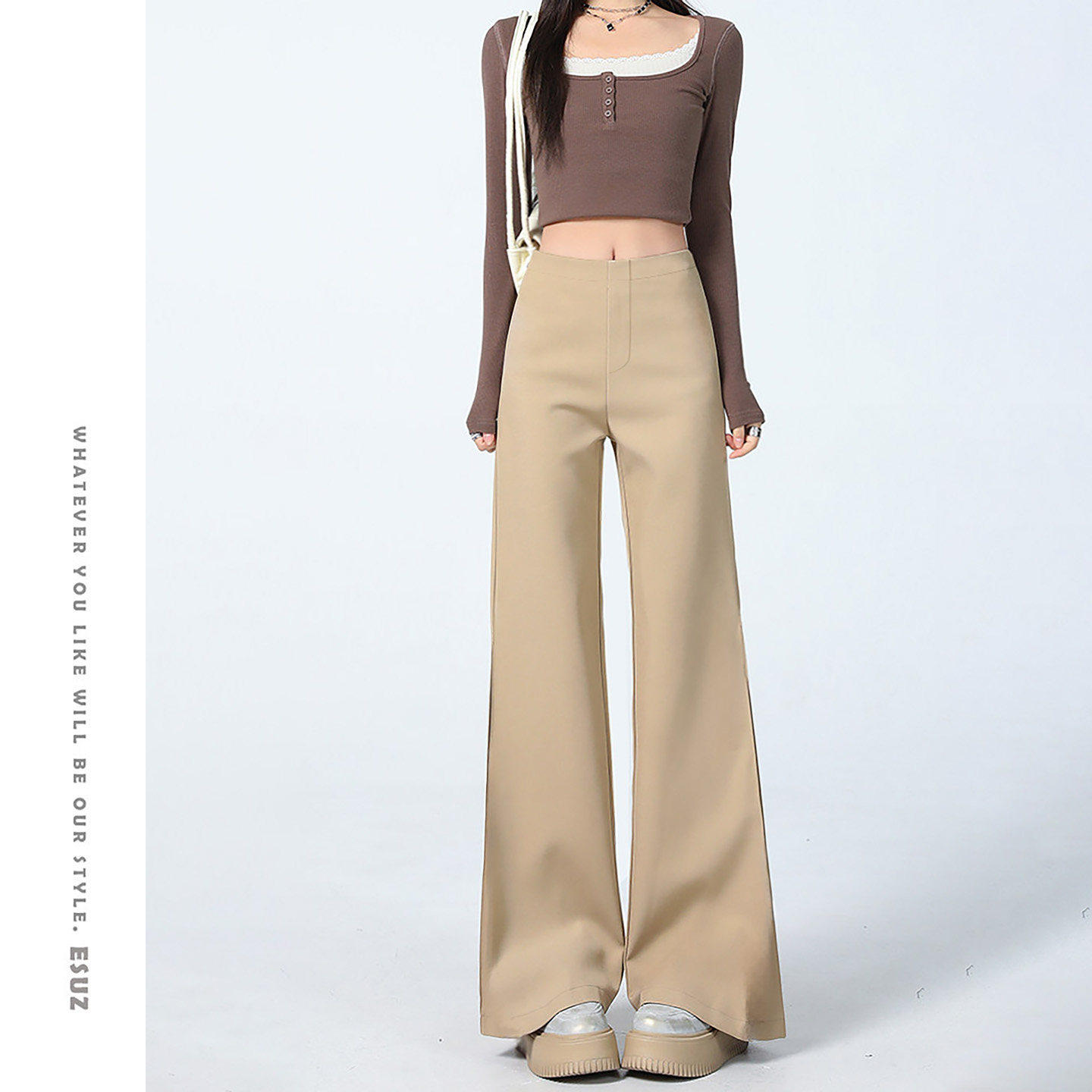卡其色阔腿裤女士2026春秋新款高级感垂感窄版直筒百搭休闲西装裤