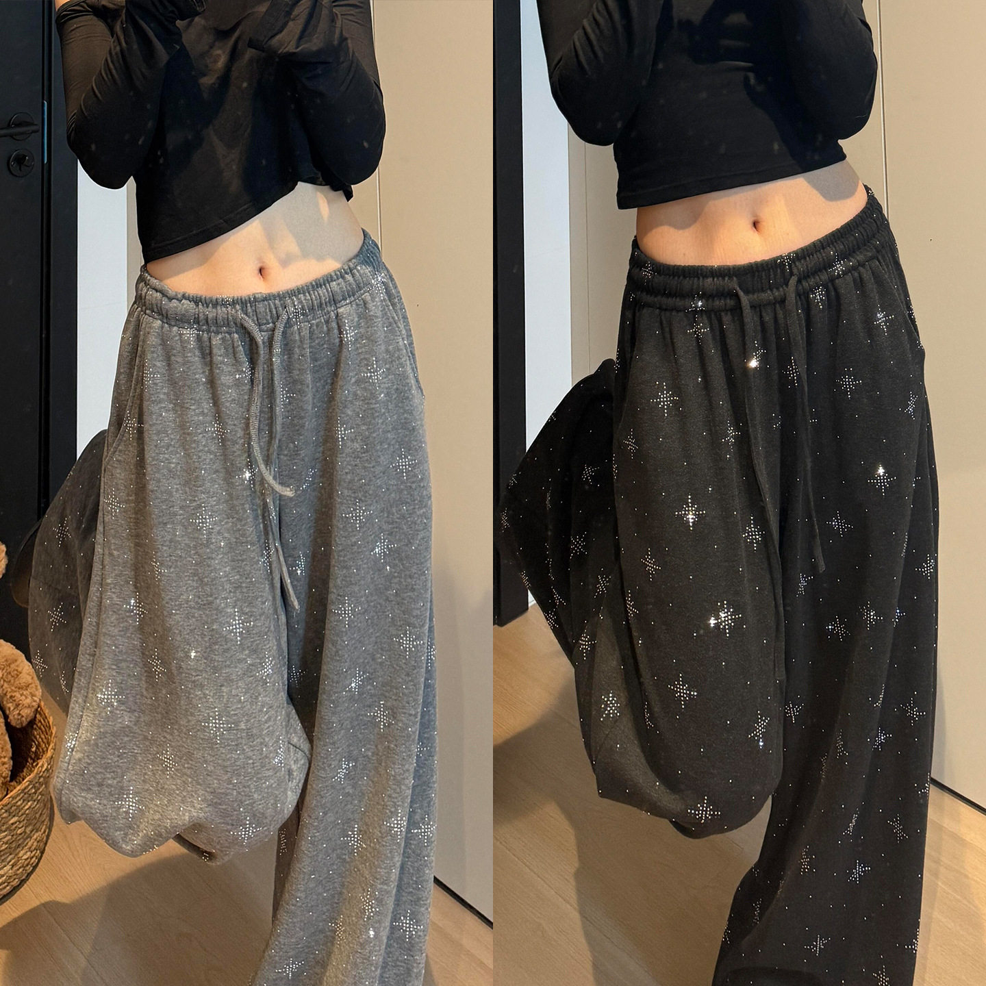 慵懒风深灰色刺绣亮片阔腿裤女春秋2026新款高腰小个子垂感休闲裤