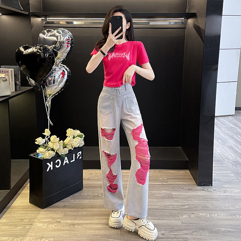 多巴胺休闲运动套装女夏炸街减龄玫红色短袖破洞牛仔阔腿裤两件套