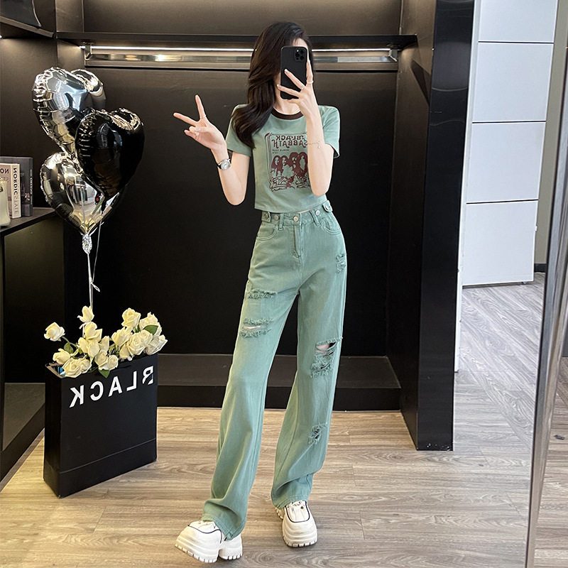 时尚炸街休闲运动套装女夏季洋气百搭印花上衣破洞牛仔裤两件套