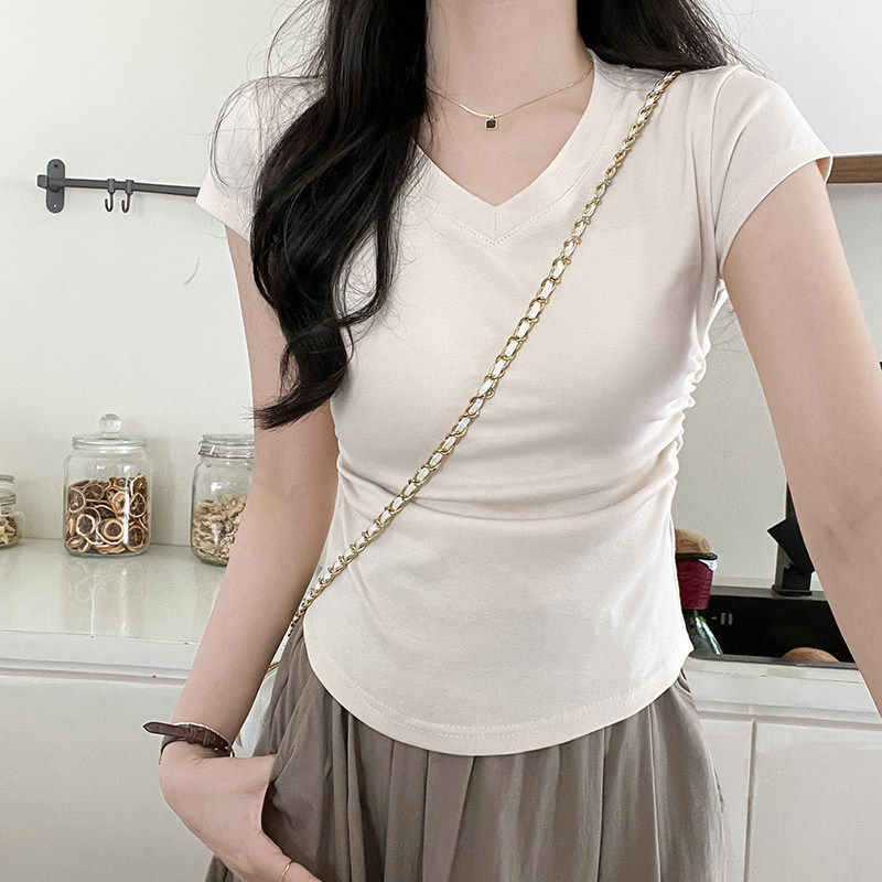 白色v领短袖t恤女2026新款夏季修身紧身短款显瘦小个子甜辣小上衣