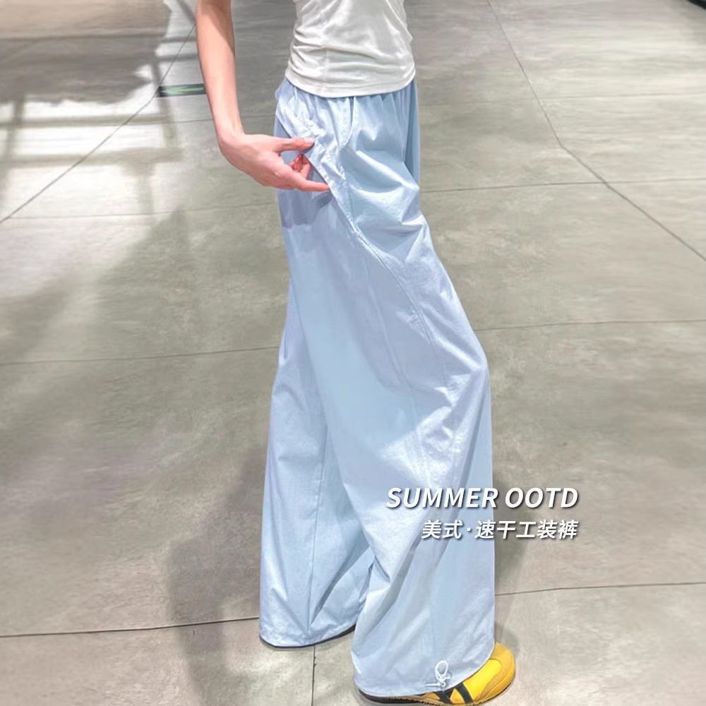 蓝色速干工装裤女夏季薄款2026新款宽松直筒休闲小个子阔腿运动裤