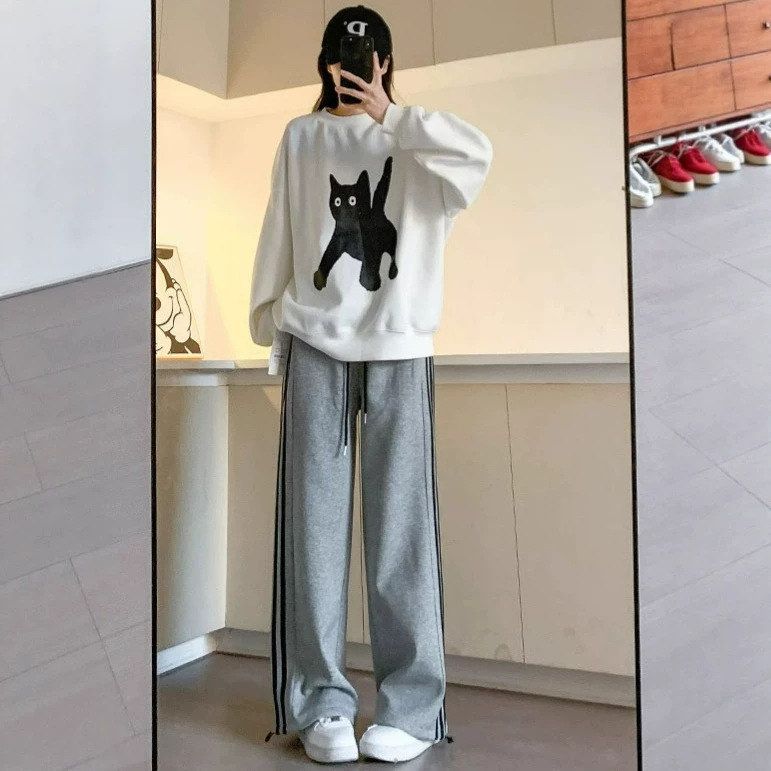 秋冬季加绒浅灰色小个子运动裤女直筒百搭阔腿裤宽松健身卫裤子