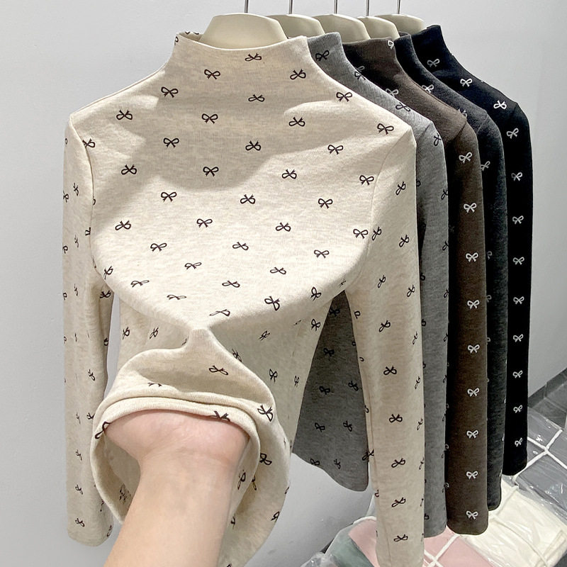 H578半高领洋气内搭打底衫修身上衣显瘦蝴蝶结碎花长袖女厂家直销