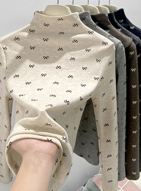 H578半高领洋气内搭打底衫修身上衣显瘦蝴蝶结碎花长袖女厂家直销