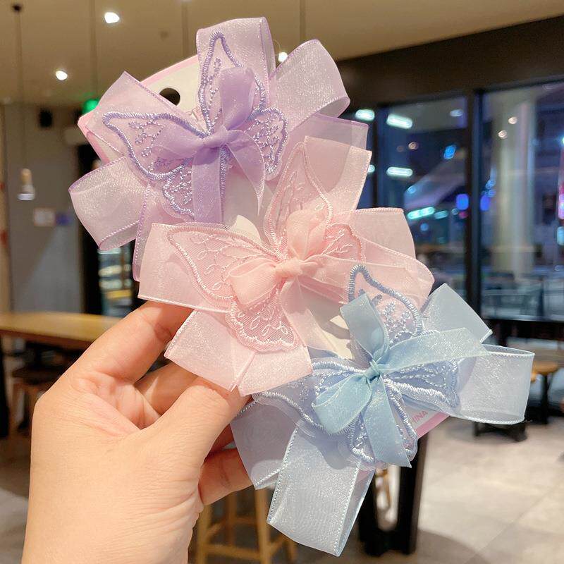 极速儿童网d纱刺绣蝴蝶结发夹小女孩甜美公主风头饰後脑勺发夹女