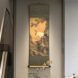 新品童垲松鹤延年图新中式卷轴挂画客厅书房装Q饰画沈铨桂鹤图玄