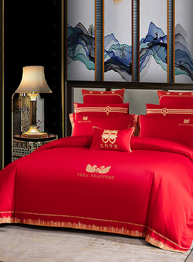 极速140支现代结婚庆被套床上四件套大红色绣花新婚房Y铺盖床单4