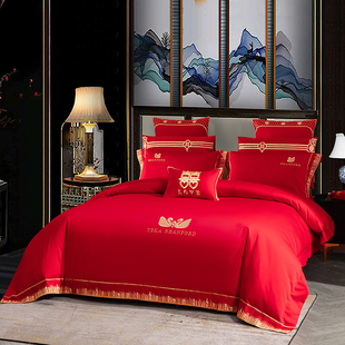 极速140支现代结婚庆被套床上四件套大红色绣花新婚房Y铺盖床单4