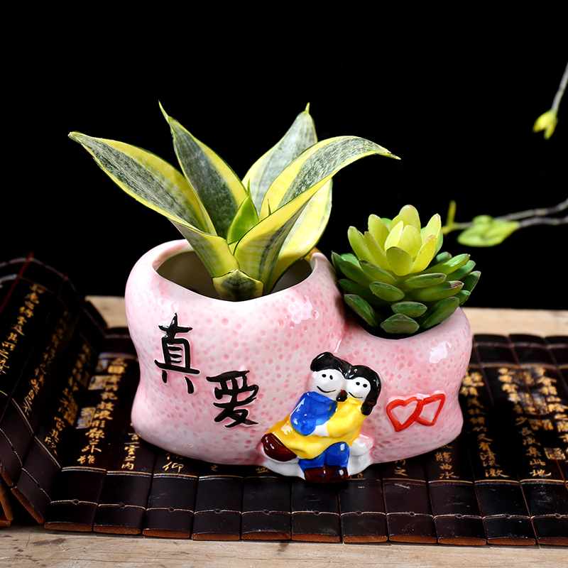 极速多肉陶瓷花盆创意简约连体双桶花盆个性异P形双口花盆家居陶