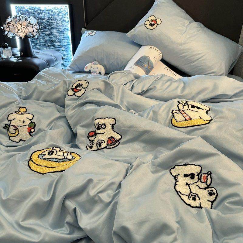 春夏季刺绣冰丝床上四件套可爱狗狗丝滑裸睡宿舍床单被子套三件套,床上用品,床品套件/四件套/多件套,淘宝优惠券,粉丝福利购,淘宝优惠卷