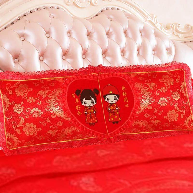 新款十字绣枕头一对送新人大红色蕾丝单人卧室双人长枕套床头套件