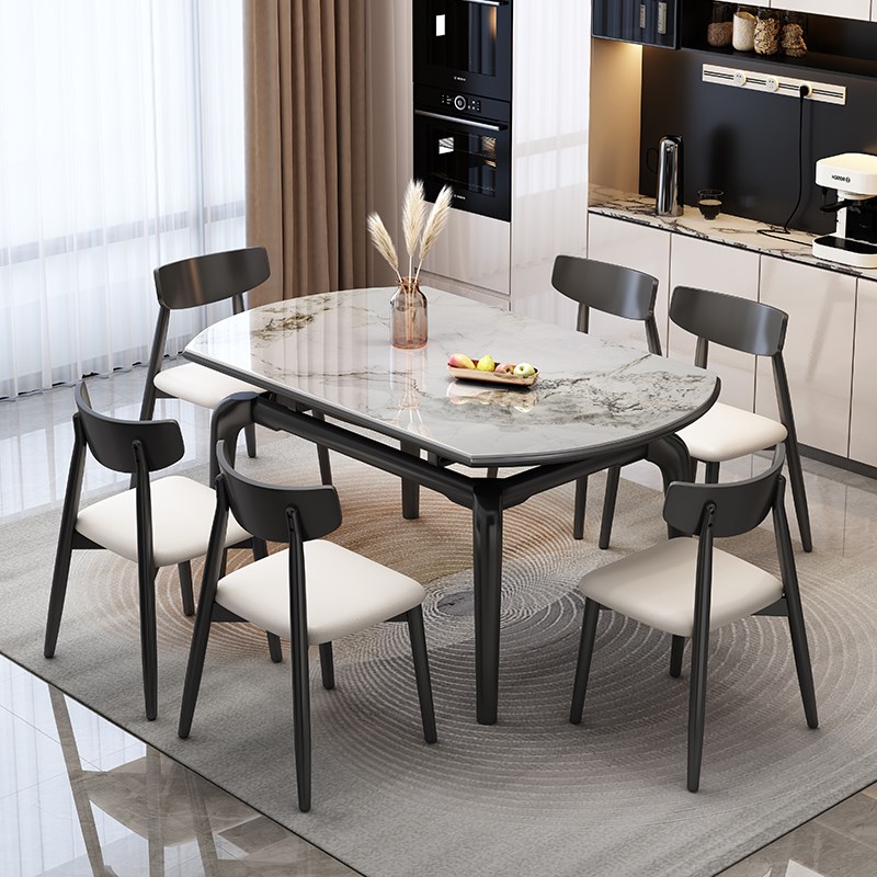 实木岩板餐桌椅g组合2025新款家用小户型饭桌现代简约可变圆桌客