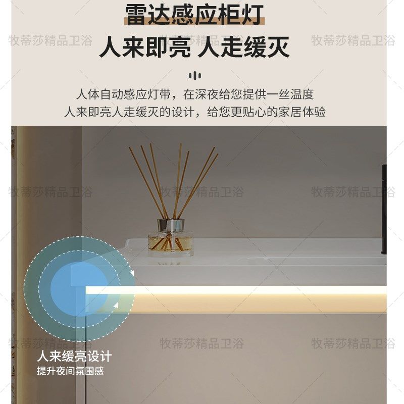 吸塑门奶油风浴室柜陶瓷一体盆现代简约挂墙式洗手台洗脸盆柜组合