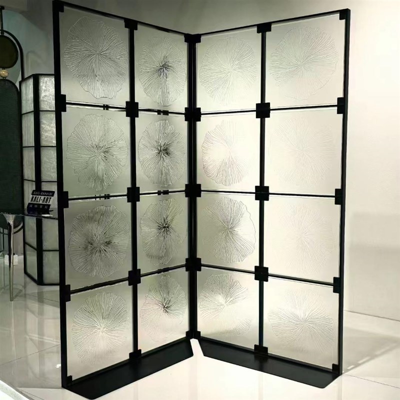 超白水晶荷花莲叶挂砖方盒子挂y片玻璃砖不锈钢隔断折叠屏风背景