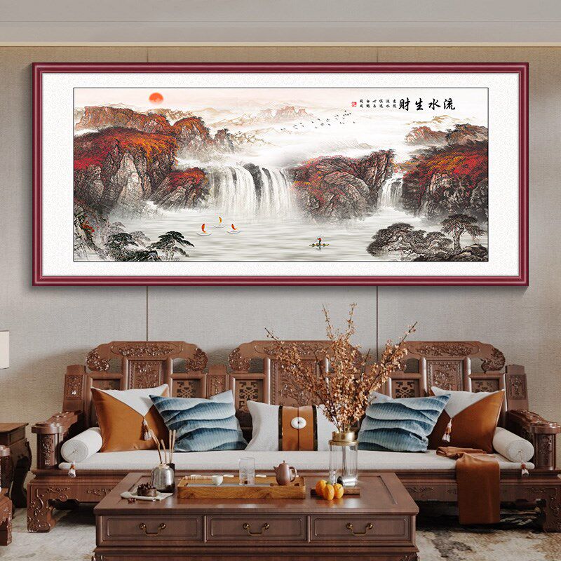 流水生财山水画办公室挂画新中式客厅装饰画沙发背景墙茶室风景画