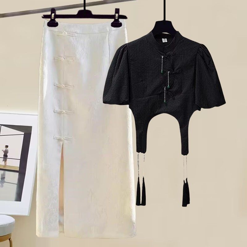 速发小个子套装夏季2024新款高级感中汉国风旗袍黑色连衣裙式服